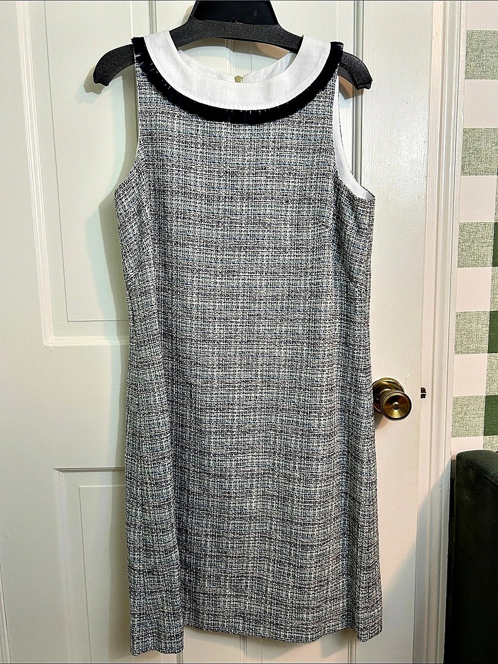 Sara Campbell S/L Tweed Shift w/Fringe Trim Fringe Trim Dress Blue & White Size